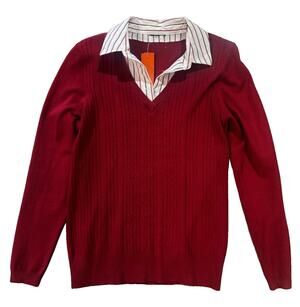 Burgundy Cable Knit Sweater with Striped Collar Size PS